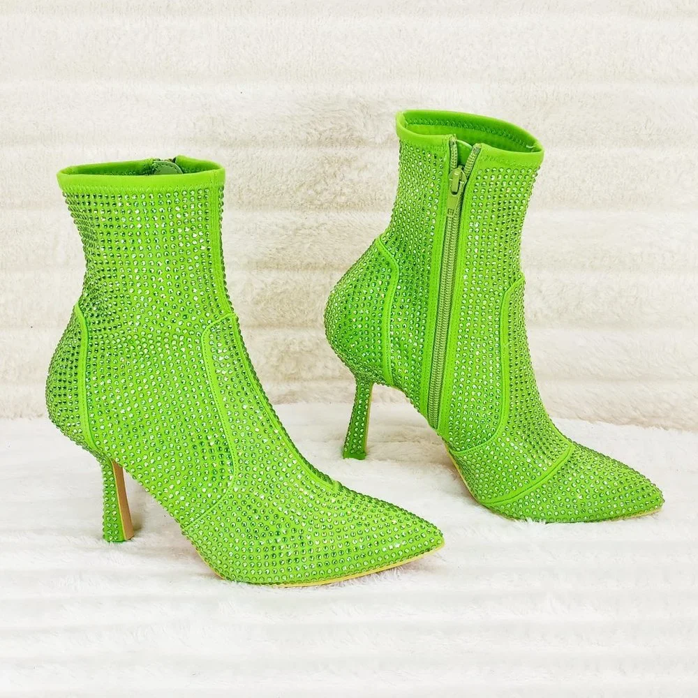 Stunning Bright Green Stretch Rhinestone Ankle Boots 3.5" Kitten Heels_3